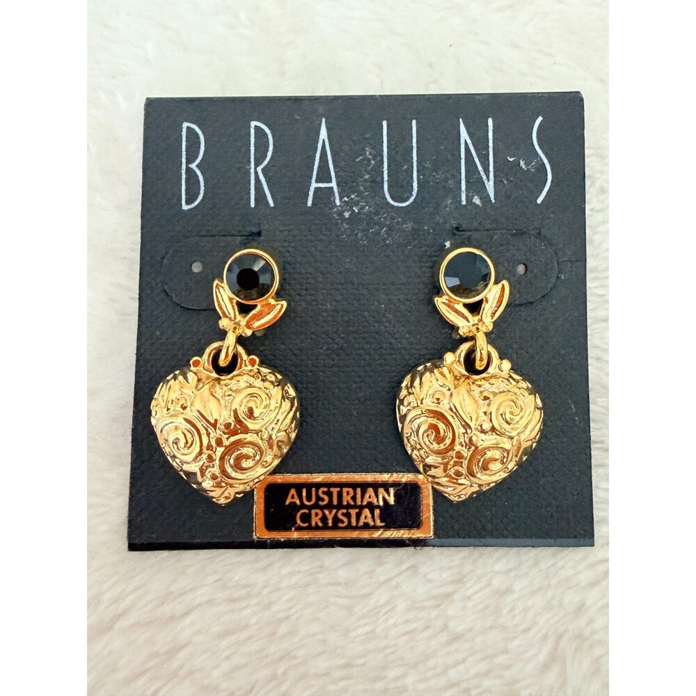 Vintage Brauns Gold Tone Puffy Heart Swirl Drop Earrings Black Austrian Crystal